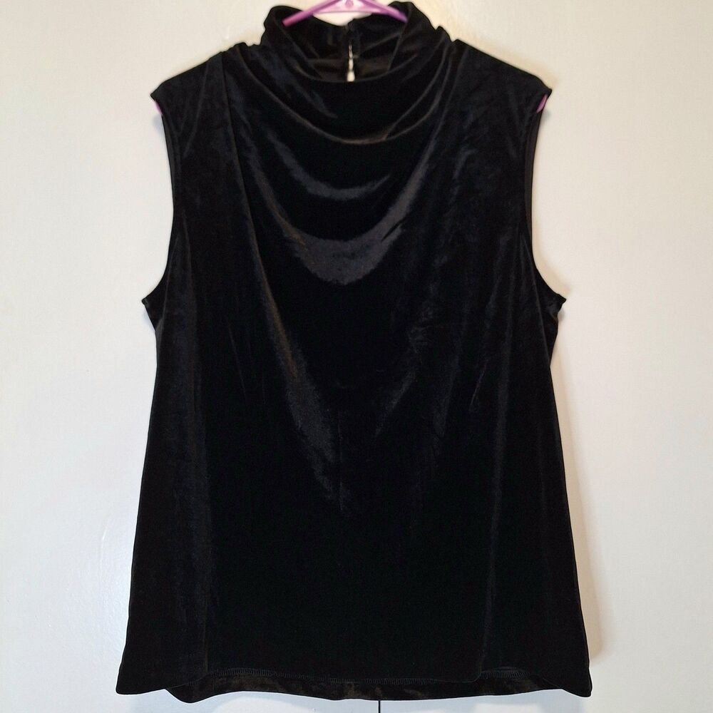 Halston Black Velvet Cowl Neck Sleeveless Draped Stretch Top Womens Size L